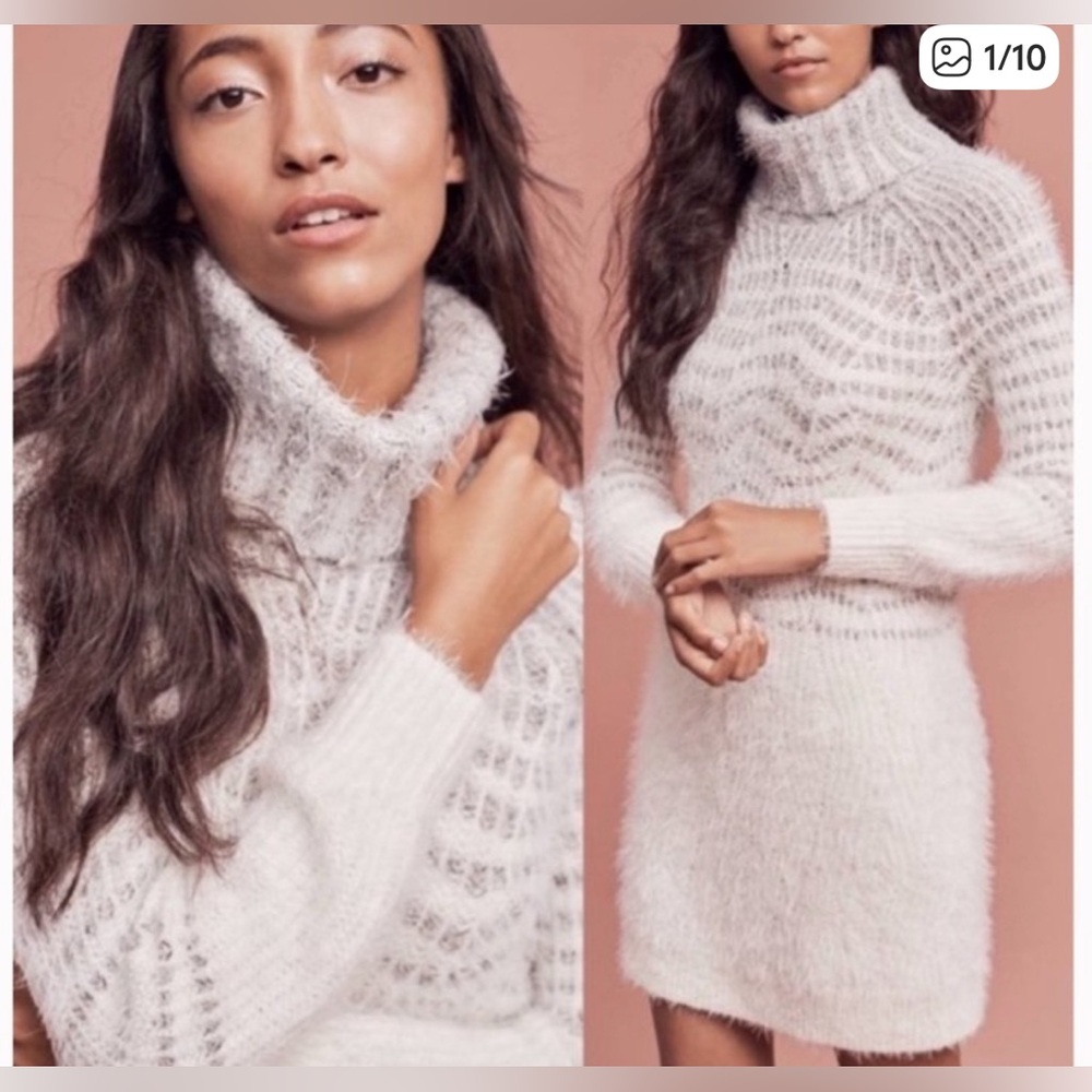Anthropologie Cream Turtleneck Sweater Dress